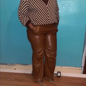 Women's Wide Leg Brown Leather Pants
